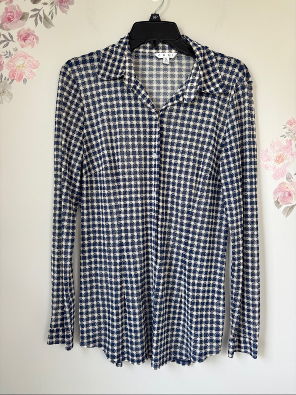 Cabi Blue and White Pattern Semi-Sheer Long Sleeve Button-Up Top - M